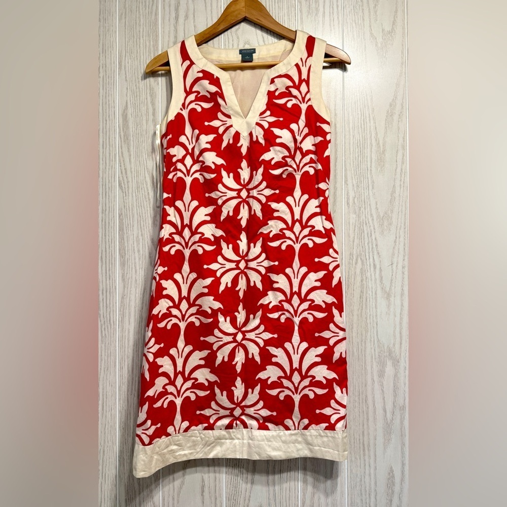 Ann Taylor Red Cream Damask Print Sleeveless Shift Dress Size 0
